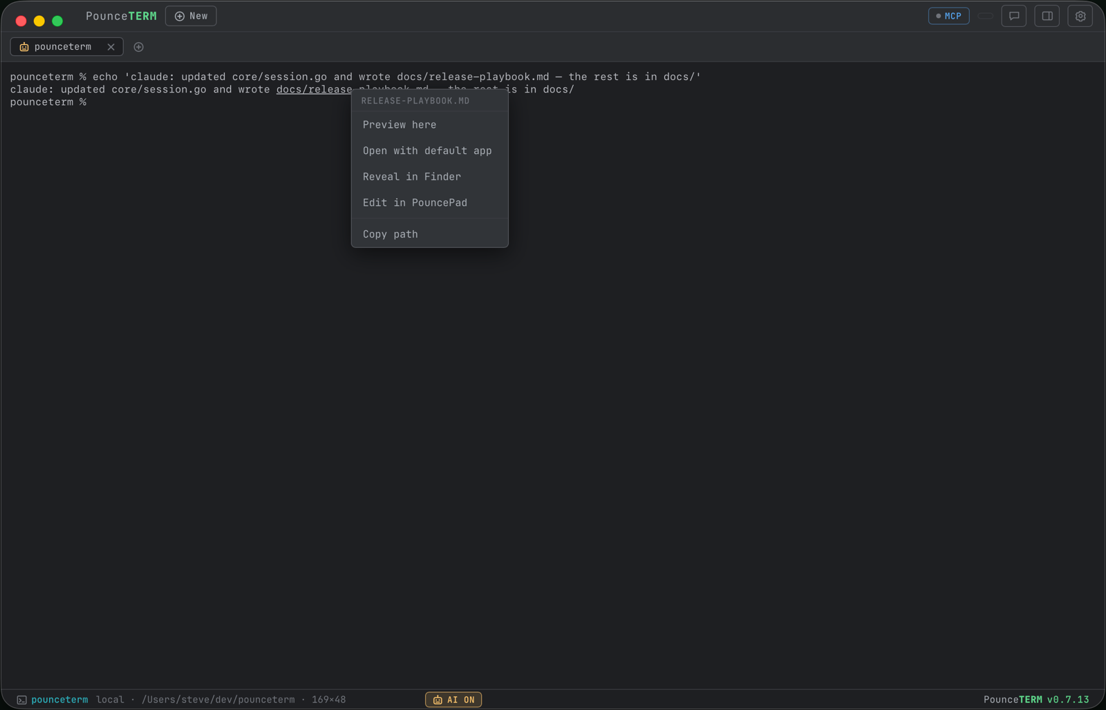 A path in terminal output underlined, with the right-click menu open: Preview here, Open with default app, Reveal in Finder, Edit in PouncePad, Copy path