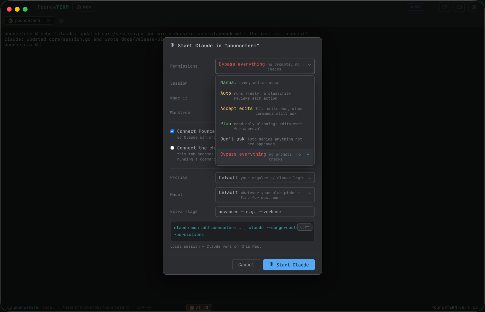The Permissions picker open: Manual and Plan in green, Auto and Accept edits in amber, Bypass everything in red, each with a line of guidance