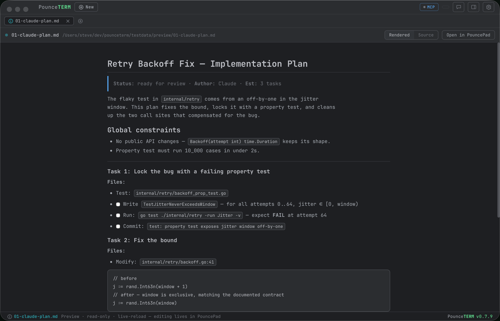 A Preview tab in PounceTERM rendering a Claude-written implementation plan with headings, checklists, a table and code