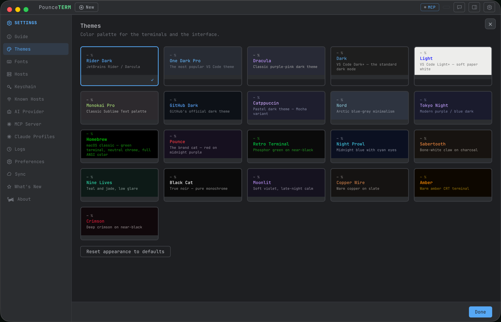 The Themes settings page: seventeen theme preview cards from Rider Dark and Dracula to Homebrew, Retro Terminal, and Amber