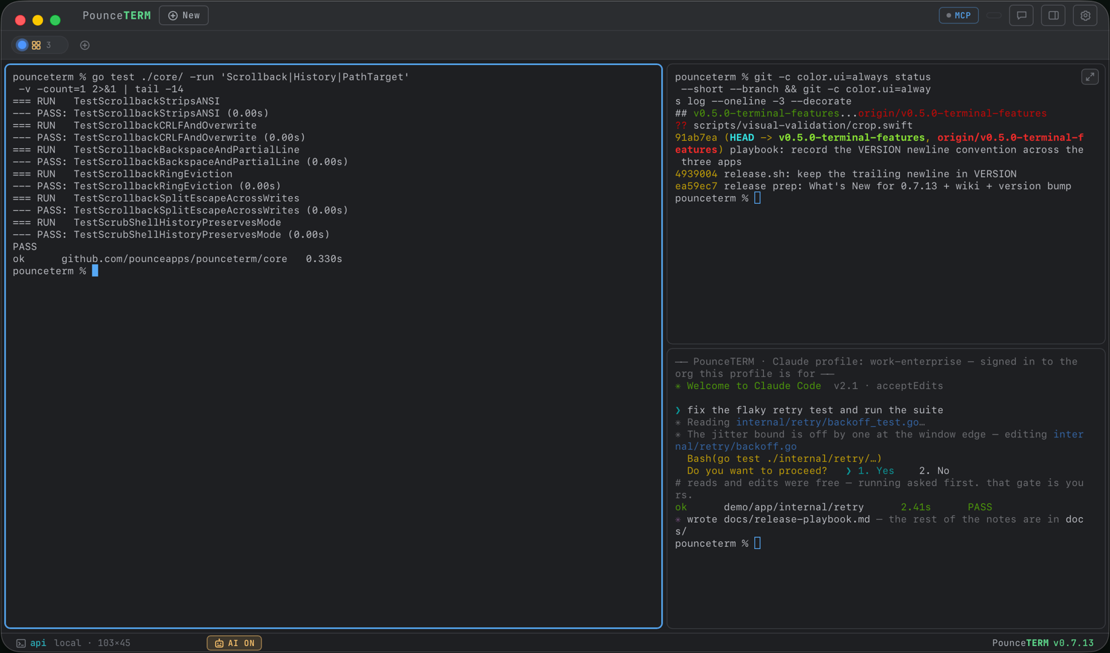 Three terminals tiled in one colour group: a passing Go test run, coloured git status and log, and a Claude Code session